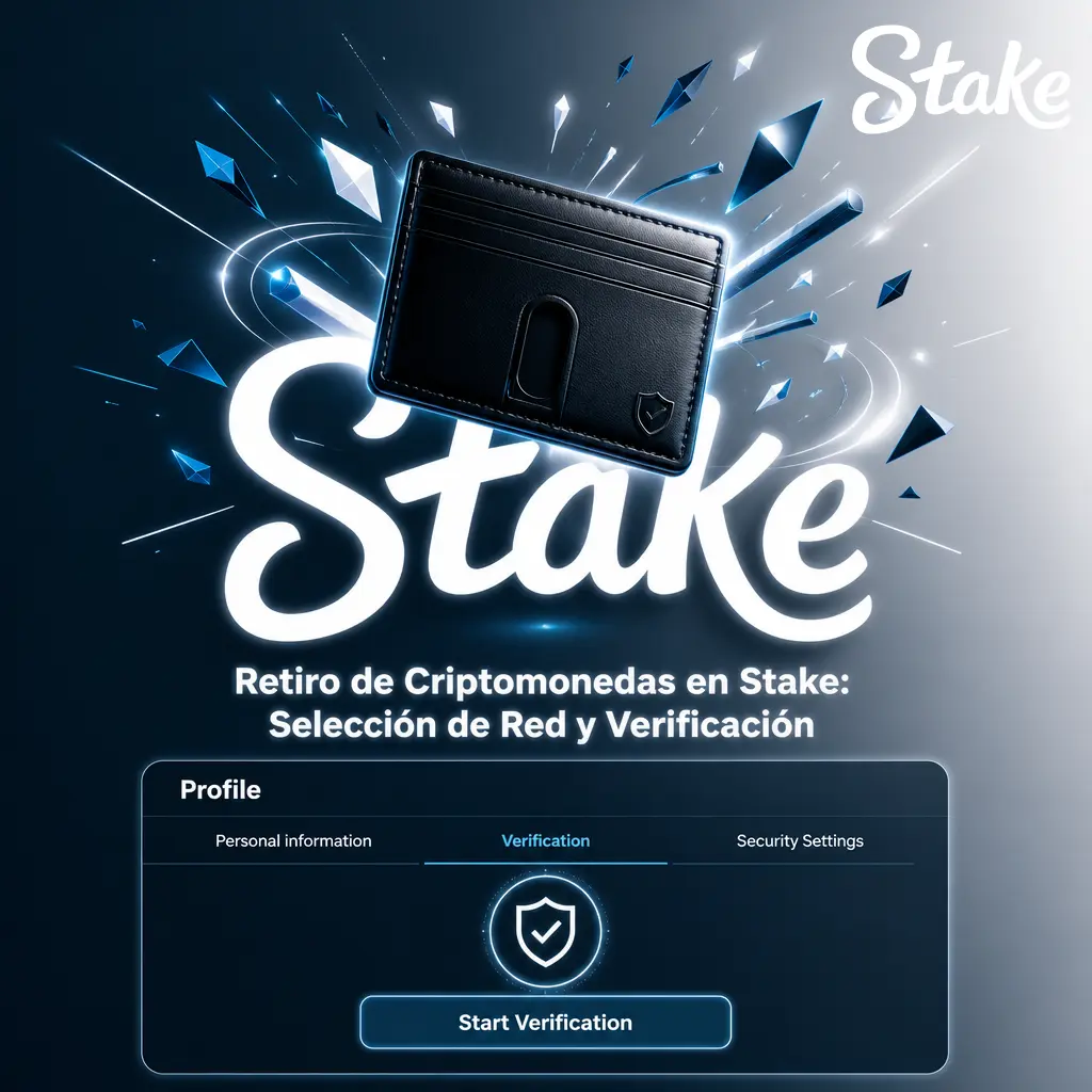 Guía para retirar criptomonedas en Stake: selección de moneda, red y verificación de identidad antes de confirmar el retiro.