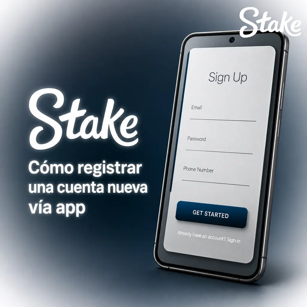 Pasos para registrar una cuenta nueva en la app Stake desde el móvil, con formulario de registro y verificación