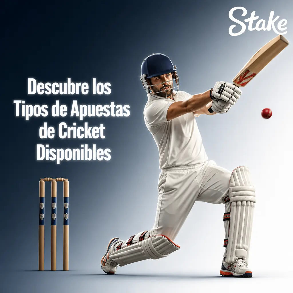 Tipos de apuestas de cricket en Stake: ganador del partido, total de carreras, máximo bateador, hándicap y más.