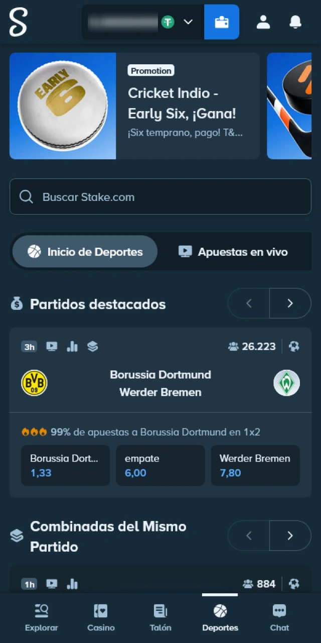 Encuentra tus eventos deportivos en Stake y añade sus cuotas al boletín.
