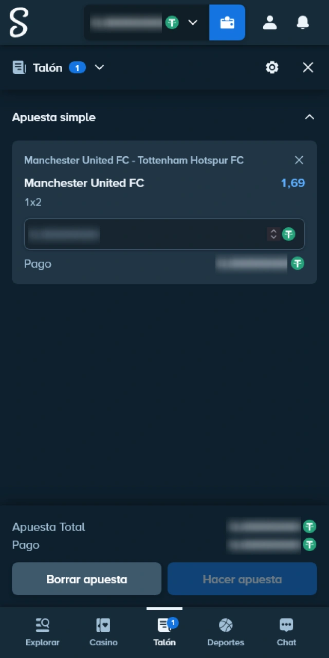 Define tu importe en el boletín de apuestas dentro de Stake.
