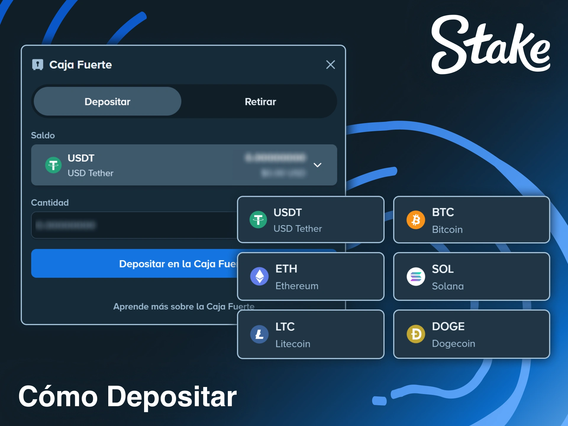 Deposita fondos usando criptomonedas como opción de pago en Stake.